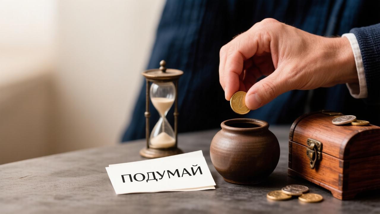 Рука с монетой и записка «Подумай» — иллюстрация к совету дня о финансовой осторожности.